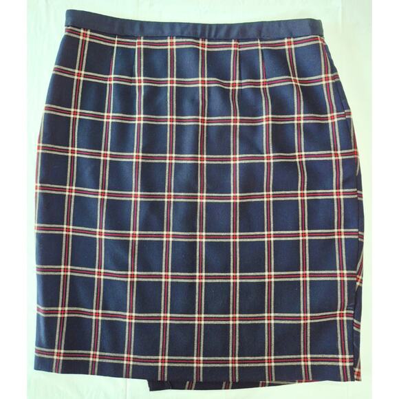 Brooks Brothers Tartan Plaid Wool Skirt Sz 10 Faux Wrap Blue Red Academia Preppy - Picture 3 of 10